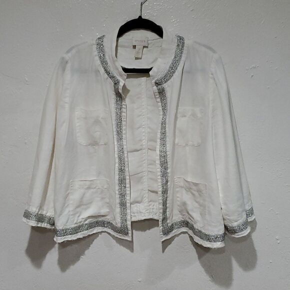 Chico's 100% Linen White Jacket Wiih Silver Beading and Sequins - Picture 2 of 16
